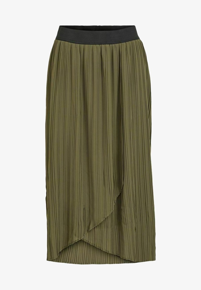 Jupe plissée vert olive avec un ourlet asymétrique et une ceinture élastique noire. Fabriquée en tissu léger, elle présente des lignes verticales sur l'ensemble.