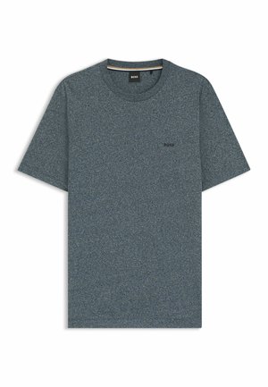 T-shirt à manches courtes en tissu bleu foncé chiné, avec un col rond et un logo discret sur la poitrine. Texture douce et coupe décontractée.