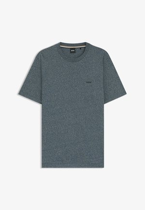 Kurzarm-T-Shirt aus dunkelblauem Melange-Stoff, mit Rundhalsausschnitt und dezentem Logodetail auf der Brust. Weicher Stoff und lässige Passform.