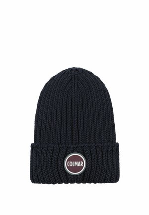 Berretto lavorato a maglia blu navy scuro con risvolto piegato e patch logo rotondo con la scritta "COLMAR" al centro frontale.