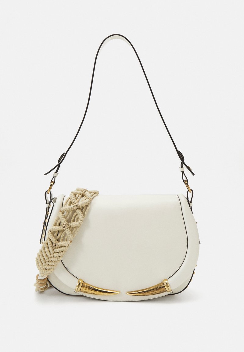 White leather handbag with black trim, featuring a woven beige strap and gold-tone accents, including horn-shaped details at the base.
