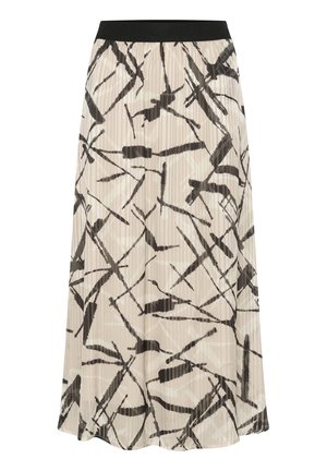 Pleated skirt in beige with abstract black pattern, featuring a black waistband and a flowing design that falls to mid-calf length.
