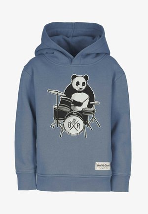 Blå sweatshirt med et panda-grafik, der spiller trommer. Har ribbede manchetter og kant. Stoffet ser glat ud med en blød tekstur. Logoetikette på siden.