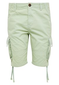 Pantalones cortos de cargador de color verde claro con botón frontal, bolsillos laterales con solapa, presillas para cinturón y cordones en el dobladillo.