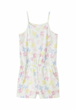 Combinaison fleurie en coton doux, ornée de motifs de papillons dans des couleurs pastel (rose, jaune, bleu) avec des bretelles ajustables et des poches latérales.