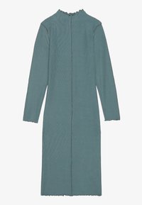 Long-sleeve dress in teal textured fabric, featuring a ruffled neckline, central back seam, and frayed edges on sleeves and hem.