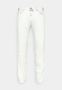 Bílé džíny s úzkým střihem, se zapínáním na knoflík, pěti kapsami a mírným vyblednutím, vyrobené z bavlněné tkaniny.