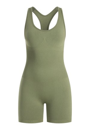 Olivgrüner Bodysuit aus dehnbarem Material, mit Rundhalsausschnitt, Racerback-Design und gerippter Textur im gesamten Körper.