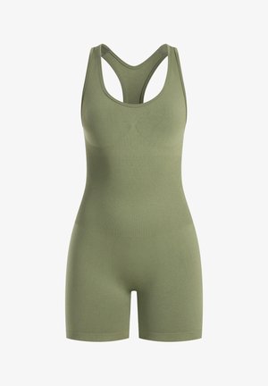 Olivgrüner Bodysuit aus dehnbarem Material, mit Rundhalsausschnitt, Racerback-Design und gerippter Textur im gesamten Körper.
