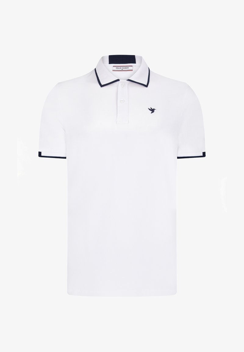 Biała koszulka polo z granatowym wykończeniem na kołnierzyku i rękawach oraz małym granatowym logo na piersi. Klasyczny krój i materiał bawełniany.