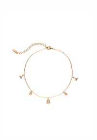 Gouden kettingarmband met geometrische bedels: driehoekige, ronde en druppelvormige figuren, met een geëffecteerde en gladde afwerking.