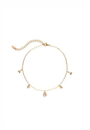 Arany lánc karkötő geometrikus medálokkal: háromszög, kör és csepp formájú díszekkel, érdes és sima felülettel.