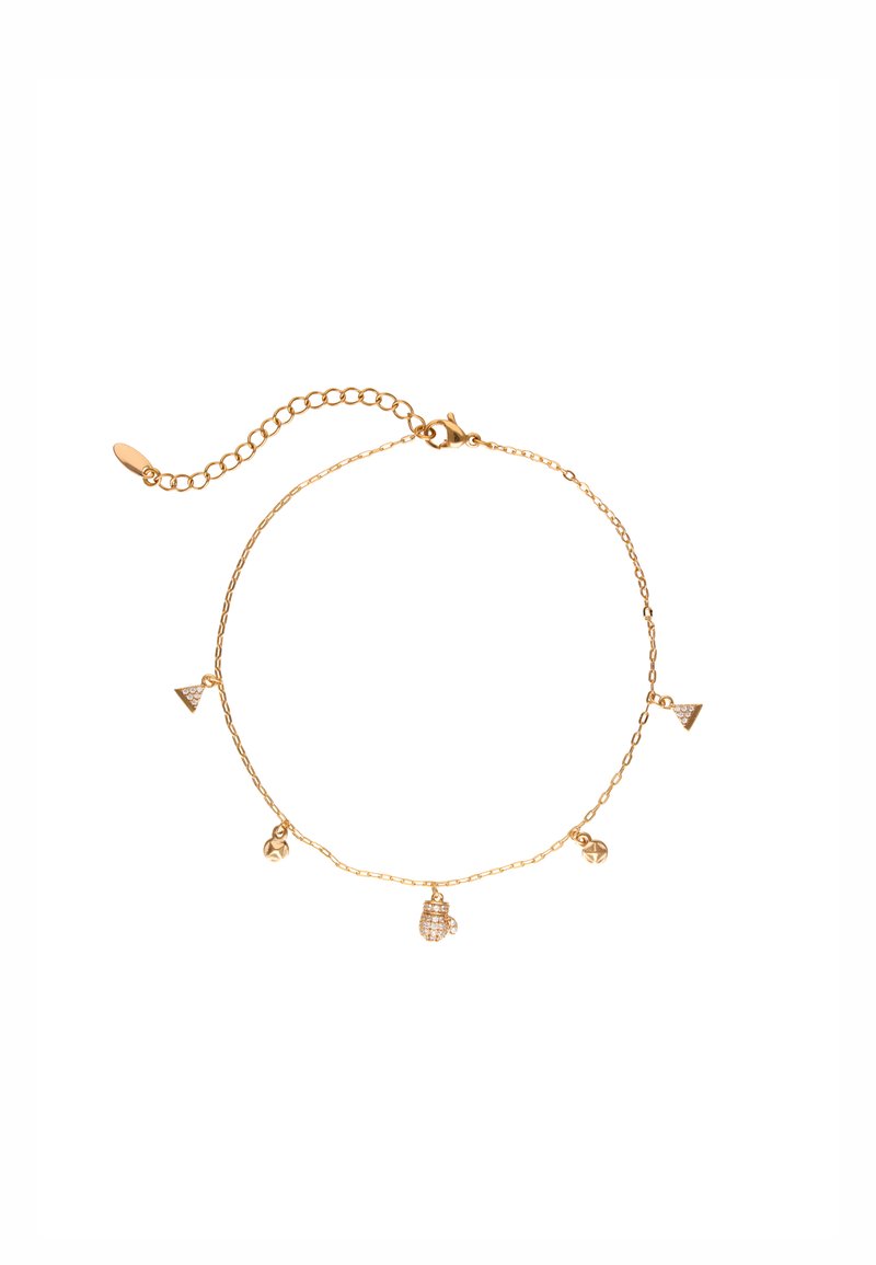 Gouden kettingarmband met geometrische bedels: driehoekige, ronde en druppelvormige figuren, met een geëffecteerde en gladde afwerking.