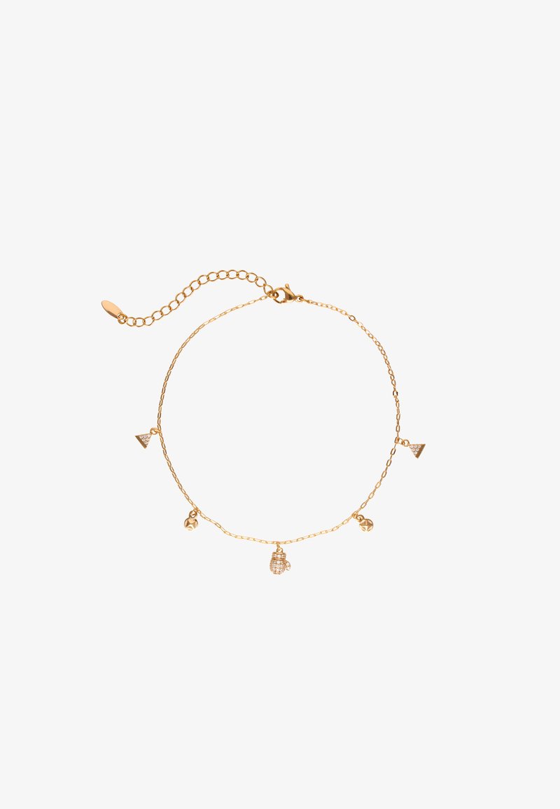 Gouden kettingarmband met geometrische bedels: driehoekige, ronde en druppelvormige figuren, met een geëffecteerde en gladde afwerking.