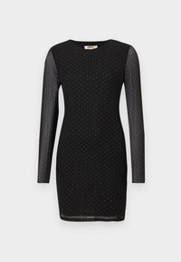 Svart figursydd miniklänning med långa genomskinliga ärmar, prydd med små silvernitar jämnt fördelade över tyget.