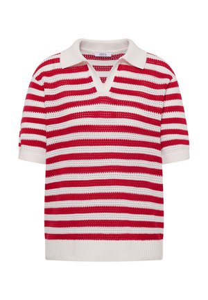 Kortærmet strikket poloshirt med røde og hvide vandrette striber og en hvid krave.
