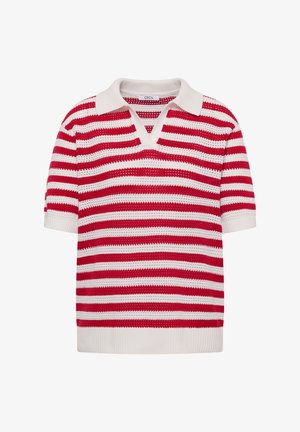 Kortærmet strikket poloshirt med røde og hvide vandrette striber og en hvid krave.