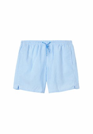 Lyseblå stribede badebukser lavet af blødt stof, med elastisk talje, snoretræk og sidelommer. Enkelt design uden yderligere mønstre.