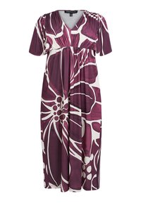 Lilla blomsterkjole med V-udskæring, korte ærmer og en rynket talje. Fremstillet af letvægtsstof med en glat tekstur og markante hvide detaljer.