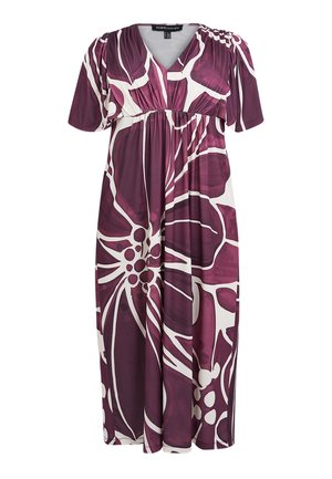 Lilla blomsterkjole med V-udskæring, korte ærmer og en rynket talje. Fremstillet af letvægtsstof med en glat tekstur og markante hvide detaljer.