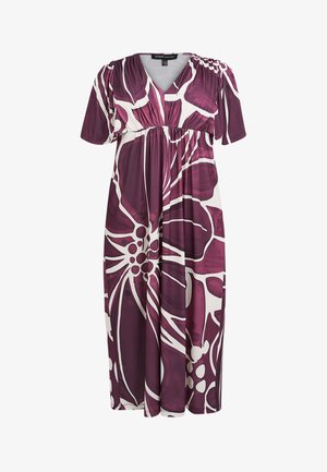 Paarse bloemenjurk met een V-hals, korte mouwen en een getailleerde taille. Gemaakt van lichtgewicht stof met een gladde textuur en opvallende witte accenten.