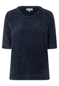 Dunkelblaues Kurzarmpullover mit einer weichen, flauschigen Textur und einem runden Halsausschnitt. Hat ein schlichtes, unverziertes Design.