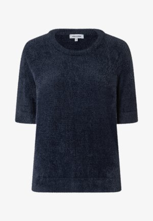 Navy blue short-sleeve sweater with a soft, fluffy texture and a round neckline. Features a simple, unadorned design.