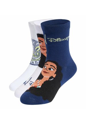 Trzy pary skarpetek z wzorami Disney Moana, z twarzami postaci, motywami i tekstem "Disney" na granatowym i białym tle.
