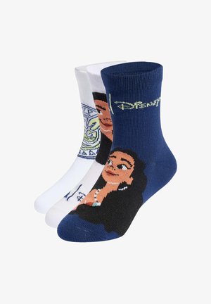 Trzy pary skarpetek z wzorami Disney Moana, z twarzami postaci, motywami i tekstem "Disney" na granatowym i białym tle.