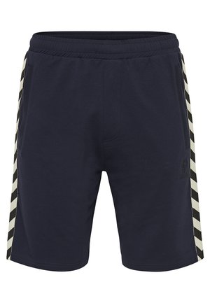 Marineblaue Shorts aus Baumwollmischung mit elastischem Bund, seitlichen Taschen und cremefarbenen Streifenakzenten an den Seiten.