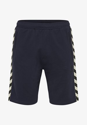 Shorts bleu marine en mélange de coton, avec une taille élastique, des poches latérales et des accents rayés crème sur les côtés.