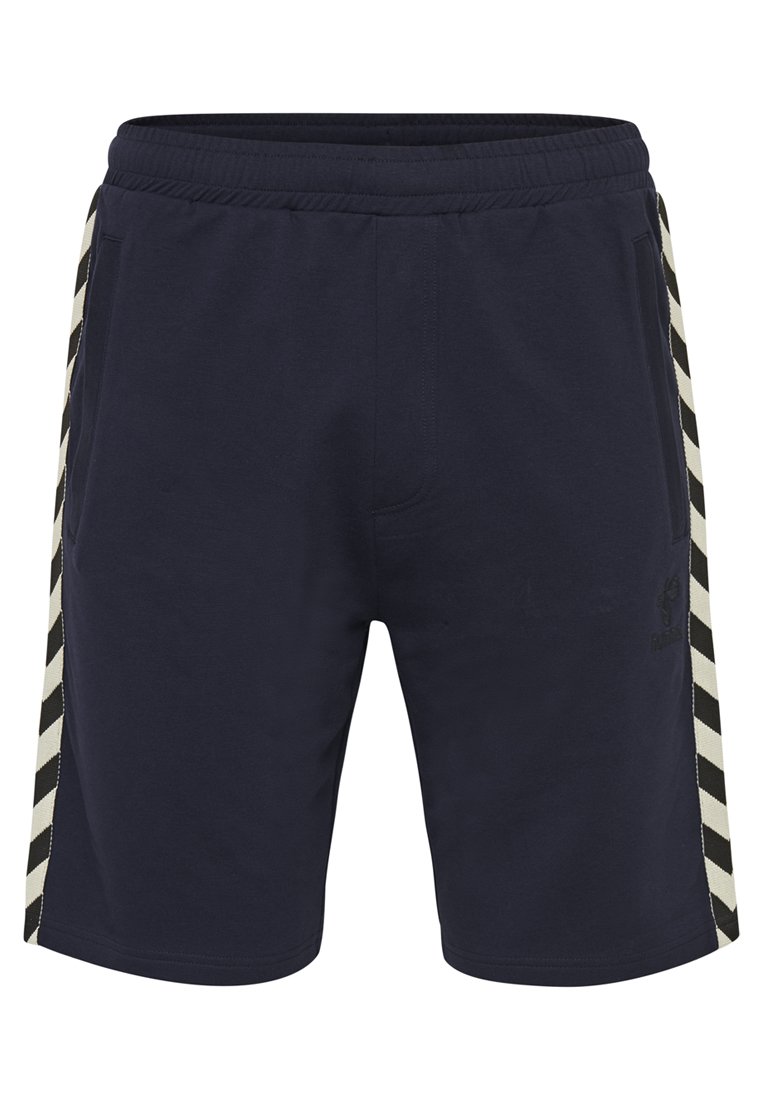 Marinblå shorts i bomullsblend med elastisk midja, sidofickor och krämfärgade randiga detaljer längs sidorna.