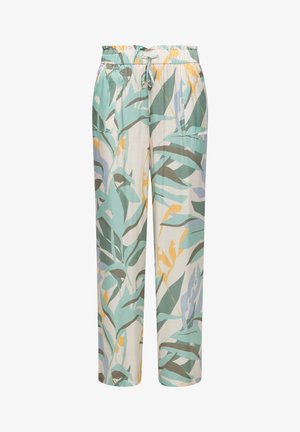 Jumpsuit ligero y con estampado en tonos de verde, con acentos en amarillo y azul. Presenta una cintura con cordón y bolsillos laterales.