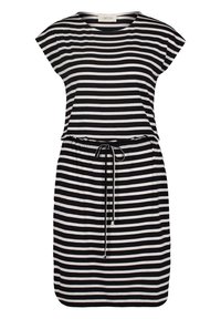 Sukienka w paski z poziomymi czarno-białymi prążkami, krótkimi rękawami, wiązanym w pasie ściągaczem i luźnym krojem. Wykonana z miękkiej tkaniny.