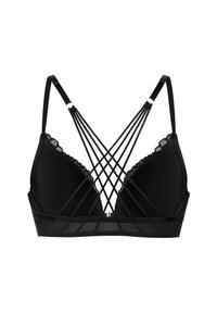 Zwarte bralette met zachte cups, kantafwerking en een strappy crisscross rugontwerp. Glad materiaal met verstelbare schouderbandjes voor de juiste pasvorm.