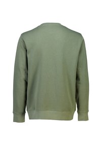 Olivgrön crewneck sweatshirt, blandning av bomull, lång ärm, ribbade muddar och nederkant, slät yta, inga mönster eller synliga hårdvarudetaljer.