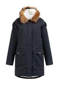 Parka della marina con cappuccio foderato in pelliccia sintetica, chiusura con zip e bottoni, due tasche frontali e rivestimento interno morbido per un maggiore calore.