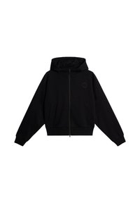 Schwarze Zip-Up-Hoodie aus weicher Stoffqualität. Mit Kapuze, zwei Seitentaschen und einem dezenten Logo-Detail auf der Brust. Lässige Passform.