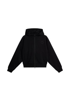 Schwarze Zip-Up-Hoodie aus weicher Stoffqualität. Mit Kapuze, zwei Seitentaschen und einem dezenten Logo-Detail auf der Brust. Lässige Passform.