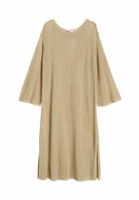 Beige gestricktes Kleid mit lockerer Passform, 3/4-Ärmeln, rundem Ausschnitt und seitlichen Schlitzen für Bewegungsfreiheit. Verfügt über ein strukturiertes, offenes Strickdesign.