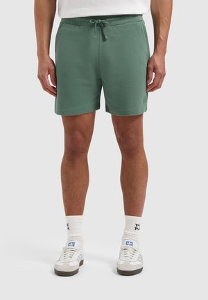Green cotton shorts with an elastic waistband, adjustable drawstring, and side pockets. Features a subtle logo on the left leg.