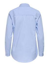 Long-sleeve light blue dress shirt with thin white vertical stripes, classic collar, buttoned cuffs, shown from the back on plain background.