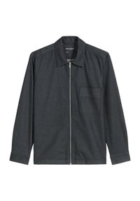 Ciemnoszara kurtka z zamkiem błyskawicznym z przodu, długimi rękawami i jedną naszywaną kieszenią. Posiada kołnierz i gładką fakturę materiału.