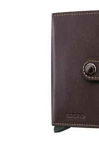 Dunkelbraunes Lederportemonnaie mit glatter Textur, ausgestattet mit einem Druckknopfverschluss und kontrastierenden Nähten. Prägen des Logos auf der Vorderseite.