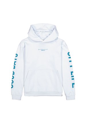 Witte hoodie met een voorzak, voorzien van blauw gedrukt tekst op de linkerborst en langs de mouwen. Gemaakt van zachte stof, casual ontwerp.