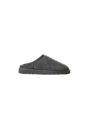 Pantofole slip-on in camoscio grigio con suola nera, punta chiusa e tallone aperto, mostrata di profilo su sfondo bianco.