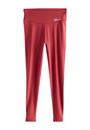 Rote, hochtaillierte, lange Sportleggings mit kleinem weißen „Self Athletics Club“-Logo am Bund.