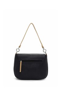 Black leather handbag with a textured finish, featuring a front zip pocket and a tan shoulder strap with silver hardware accents.