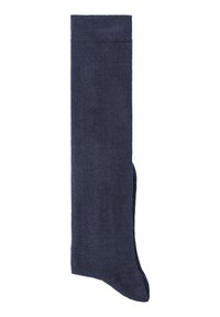 Kniestrumpf in dunkelmarineblau, aus glattem, weichem Stoff mit einem strukturierten oberen Bund und nahtloser Zehenpartie für zusätzlichen Komfort.