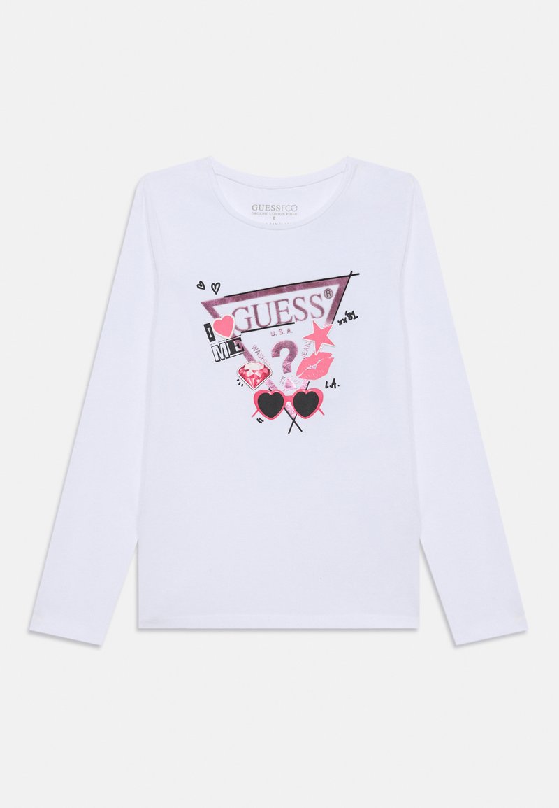 Camicia bianca in cotone a maniche lunghe con una grafica stampata che presenta elementi rosa e neri, tra cui il nome del marchio, cuori e motivi a stella.